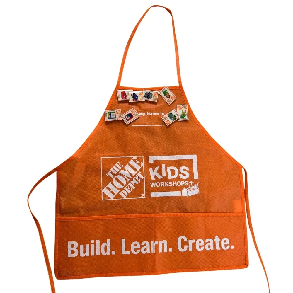 Home Depot Kids Workshop Orange Apron with 10 Collectible Workshop Pins DIY Tool